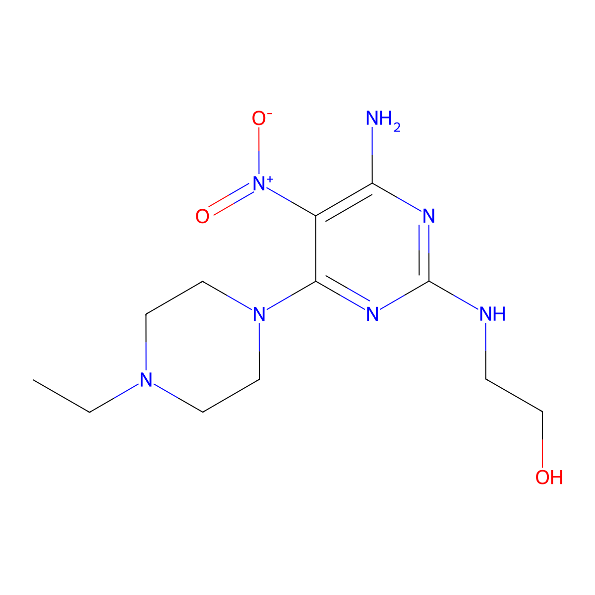 2-{[4-Amino-6-(4-ethylpiperazin-1-yl)-5-nitropyrimidin-2-yl]amino}ethanol molecular structure, CAS 577770-00-4