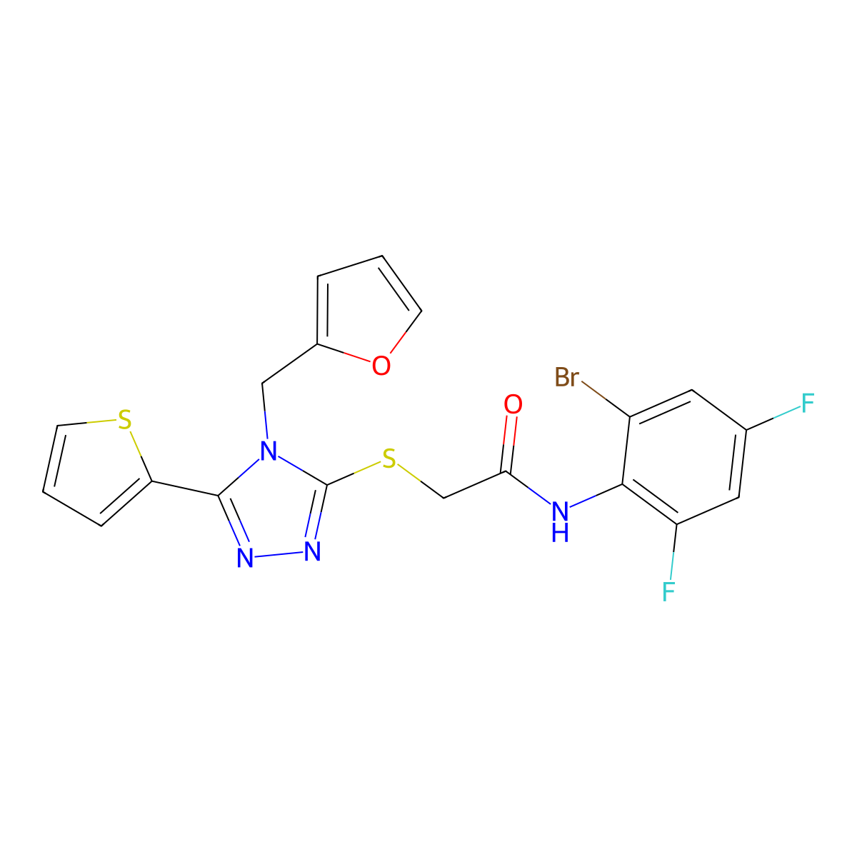 N-(2-bromo-4,6-difluorophenyl)-2-{[4-(furan-2-ylmethyl)-5-(thiophen-2-yl)-4H-1,2,4-triazol-3-yl]sulfanyl}acetamide molecular structure, CAS 577770-64-0