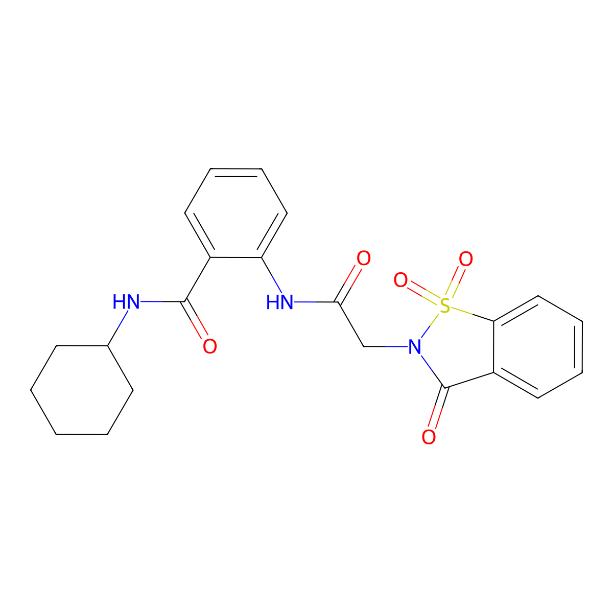 N-cyclohexyl-2-[[2-(1,1,3-trioxo-1,2-benzothiazol-2-yl)acetyl]amino]benzamide molecular structure, CAS 577770-67-3