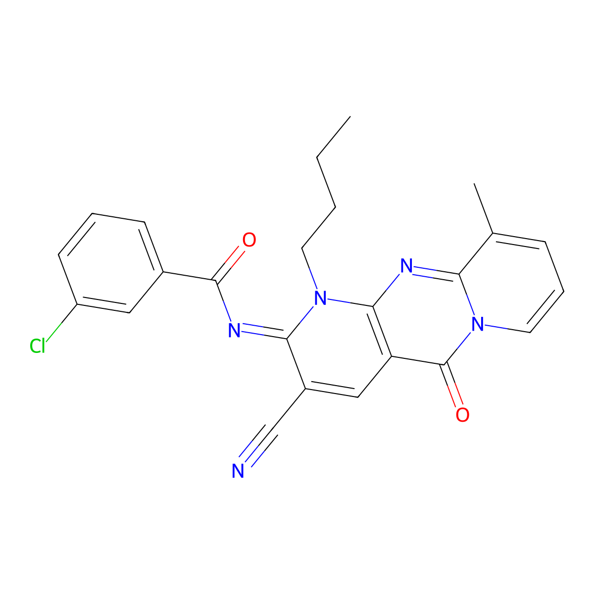 N-(1-butyl-3-cyano-10-methyl-5-oxo-1,5-dihydro-2H-dipyrido[1,2-a:2,3-d]pyrimidin-2-ylidene)-3-chlorobenzamide molecular structure, CAS 577770-74-2