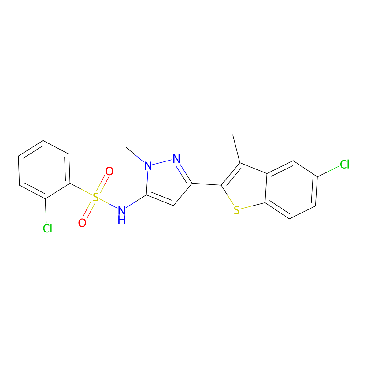 2-chloro-N-[5-(5-chloro-3-methyl-1-benzothiophen-2-yl)-2-methylpyrazol-3-yl]benzenesulfonamide molecular structure, CAS 577784-91-9