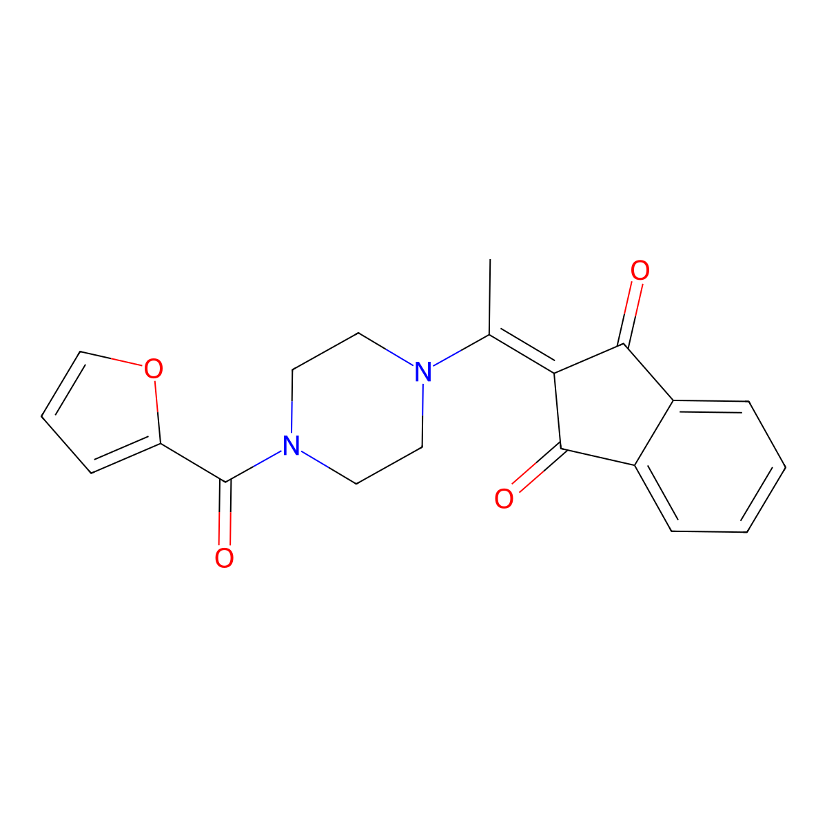 2-{1-[4-(furan-2-carbonyl)piperazin-1-yl]ethylidene}-2,3-dihydro-1H-indene-1,3-dione molecular structure, CAS 577786-96-0