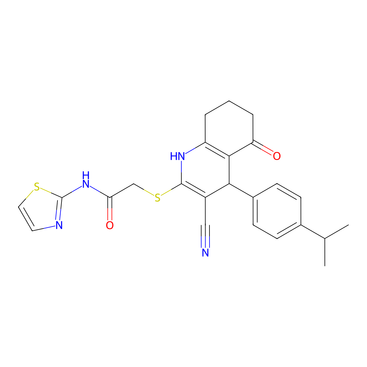 2-[[3-cyano-5-oxo-4-(4-propan-2-ylphenyl)-4,6,7,8-tetrahydro-1H-quinolin-2-yl]sulfanyl]-N-(1,3-thiazol-2-yl)acetamide molecular structure, CAS 577787-76-9