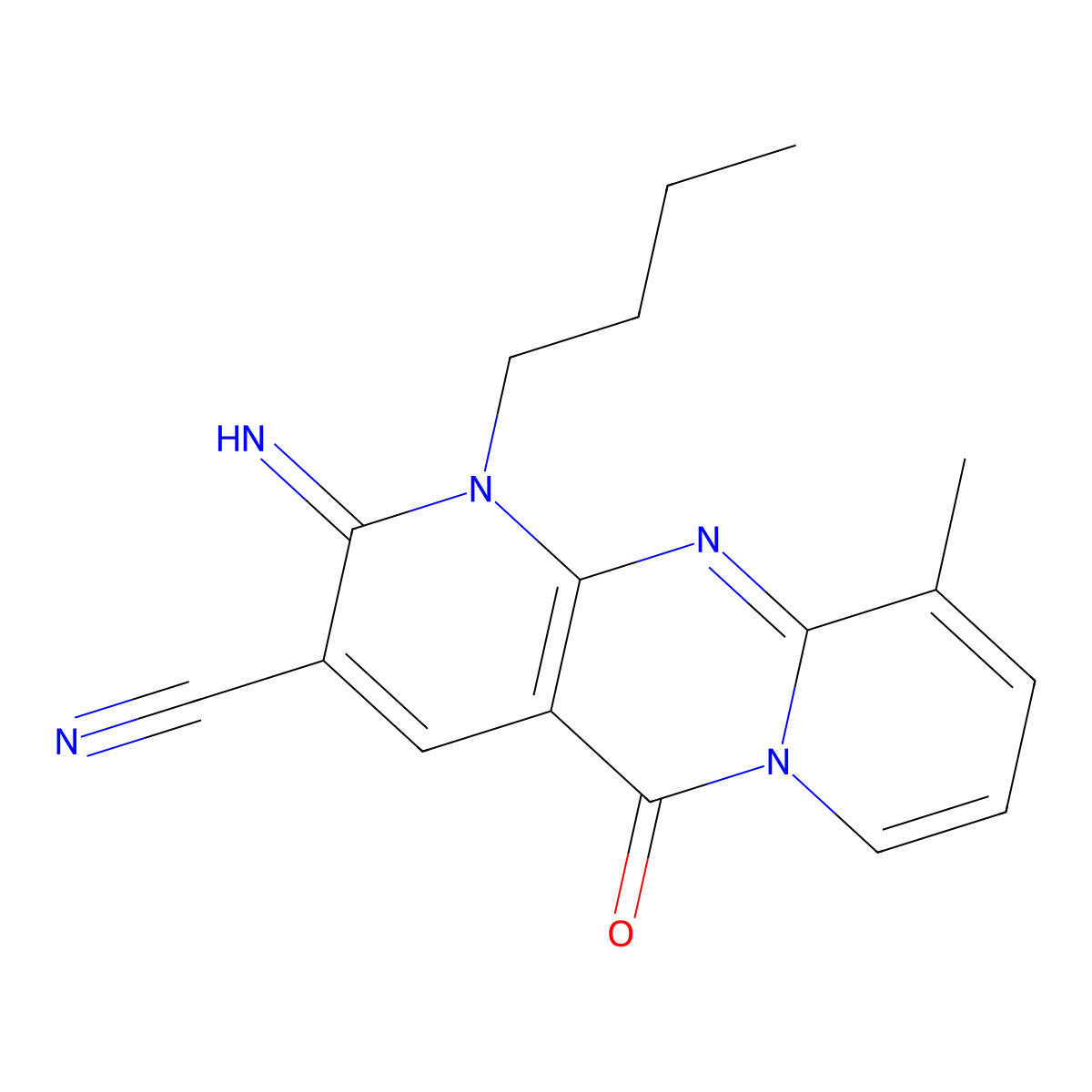1-butyl-2-imino-10-methyl-5-oxo-1,5-dihydro-2H-dipyrido[1,2-a:2,3-d]pyrimidine-3-carbonitrile molecular structure, CAS 577788-26-2