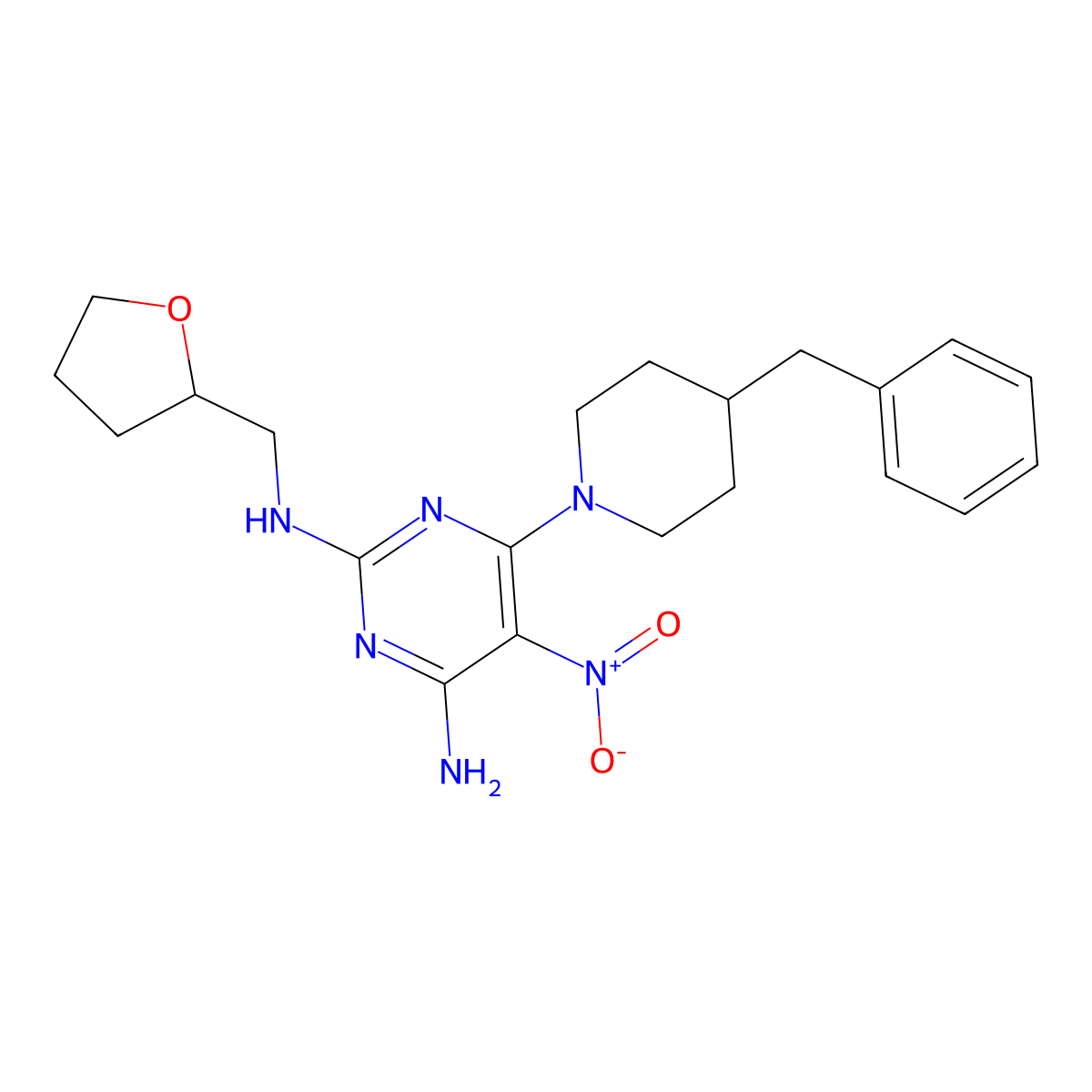 6-(4-benzylpiperidin-1-yl)-5-nitro-N2-((tetrahydrofuran-2-yl)methyl)pyrimidine-2,4-diamine molecular structure, CAS 577789-11-8
