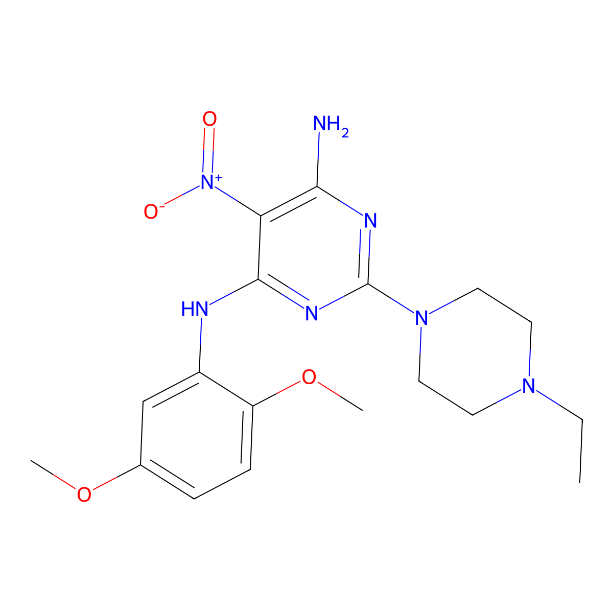 N4-(2,5-dimethoxyphenyl)-2-(4-ethylpiperazin-1-yl)-5-nitropyrimidine-4,6-diamine molecular structure, CAS 577790-11-5