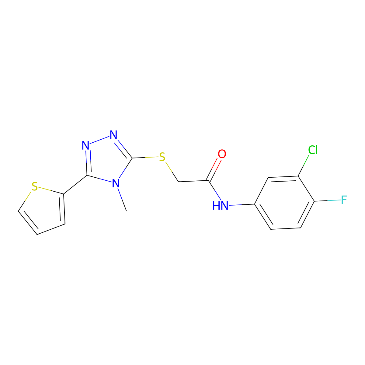 N-(3-chloro-4-fluorophenyl)-2-{[4-methyl-5-(thiophen-2-yl)-4H-1,2,4-triazol-3-yl]sulfanyl}acetamide molecular structure, CAS 577790-29-5