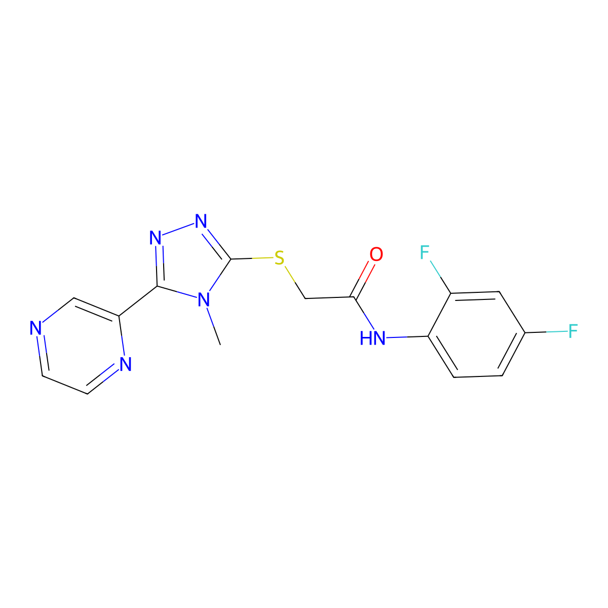 N-(2,4-difluorophenyl)-2-{[4-methyl-5-(pyrazin-2-yl)-4H-1,2,4-triazol-3-yl]sulfanyl}acetamide molecular structure, CAS 577791-23-2