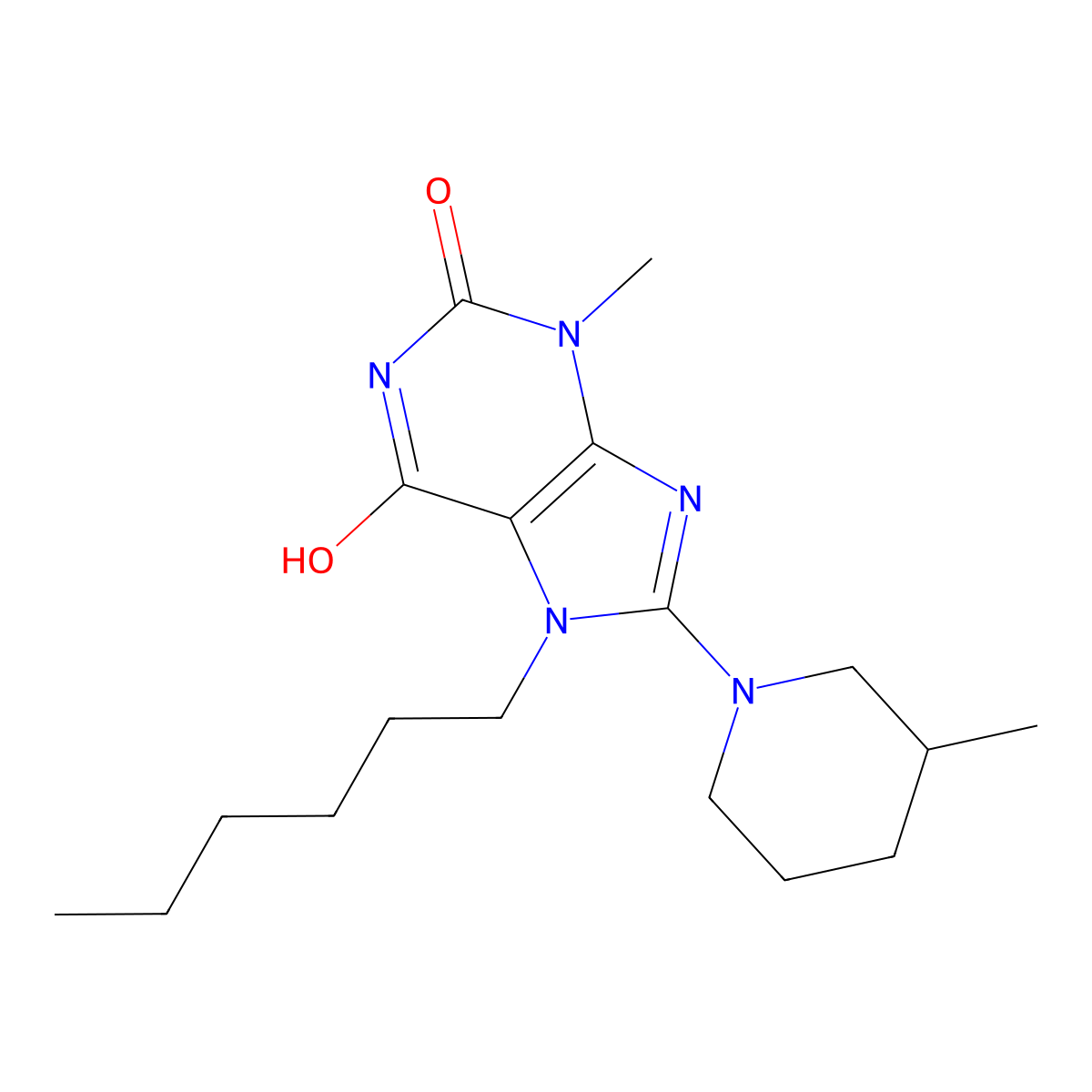 7-hexyl-3-methyl-8-(3-methylpiperidin-1-yl)-1H-purine-2,6(3H,7H)-dione molecular structure, CAS 577791-66-3