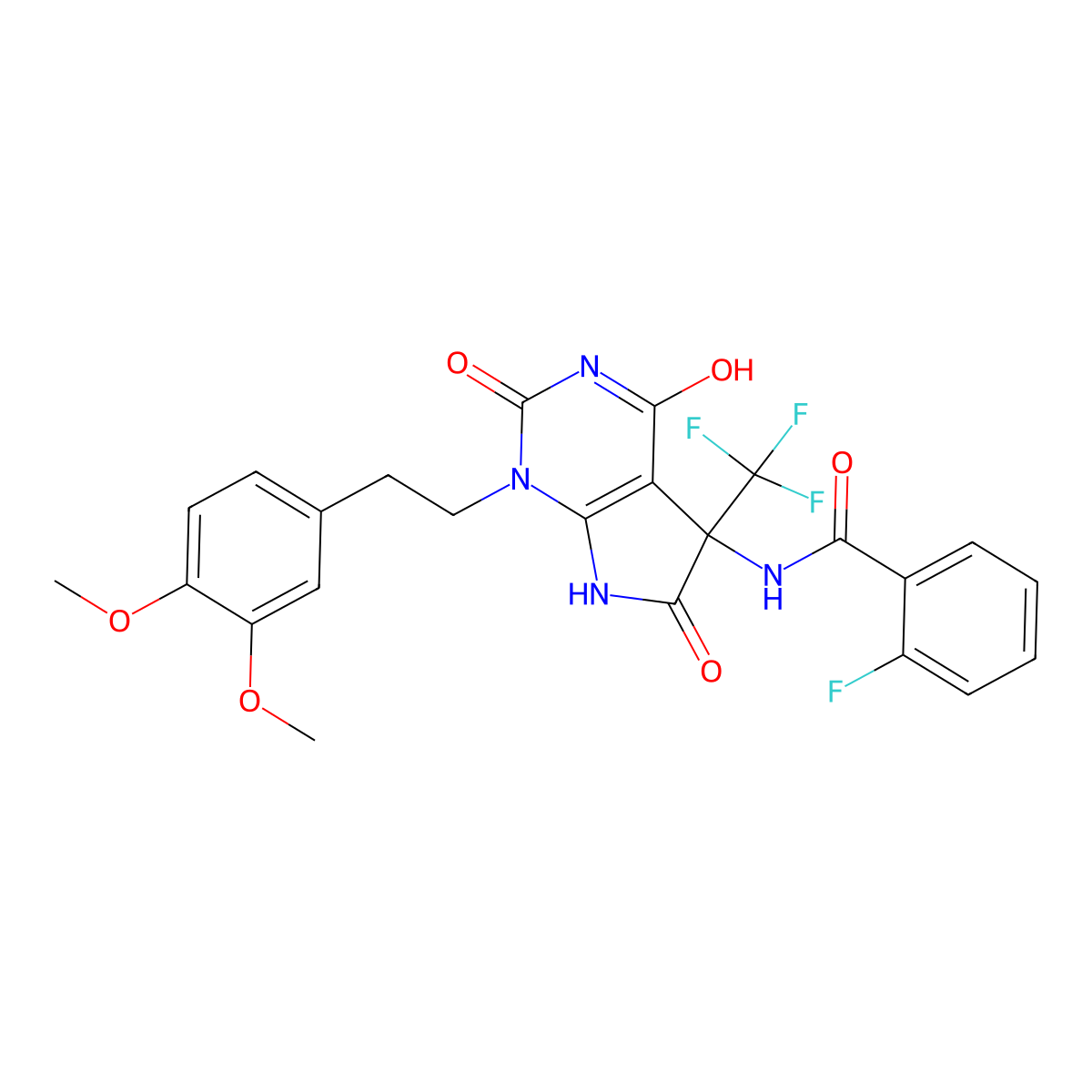 N-[1-[2-(3,4-dimethoxyphenyl)ethyl]-2,4,6-trioxo-5-(trifluoromethyl)-7H-pyrrolo[2,3-d]pyrimidin-5-yl]-2-fluorobenzamide molecular structure, CAS 577791-76-5