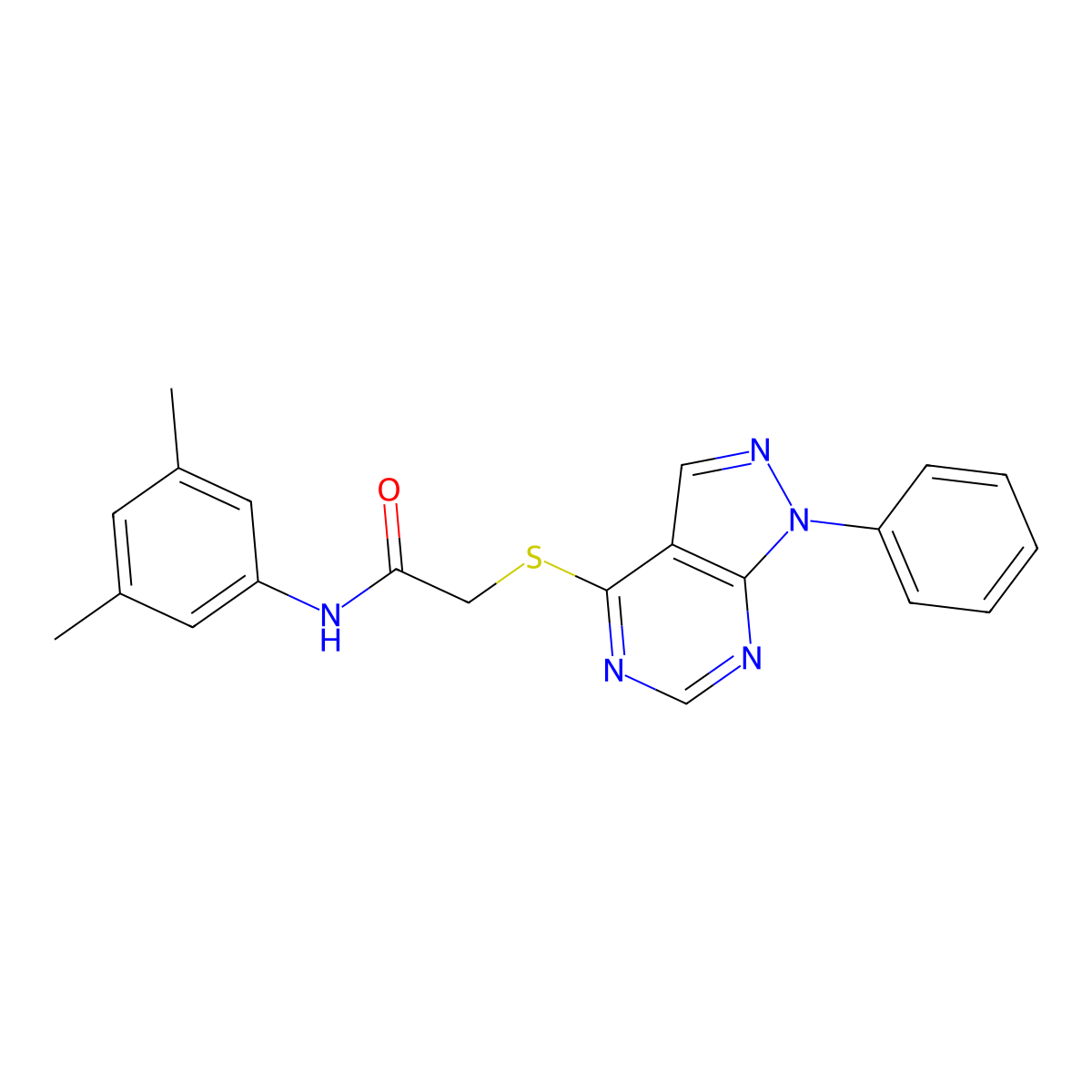 N-(3,5-dimethylphenyl)-2-((1-phenyl-1H-pyrazolo[3,4-d]pyrimidin-4-yl)thio)acetamide molecular structure, CAS 577959-74-1