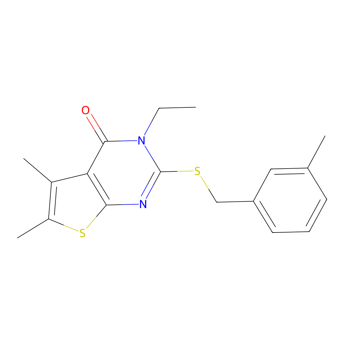 3-ethyl-5,6-dimethyl-2-[(3-methylbenzyl)sulfanyl]thieno[2,3-d]pyrimidin-4(3H)-one molecular structure, CAS 577959-82-1