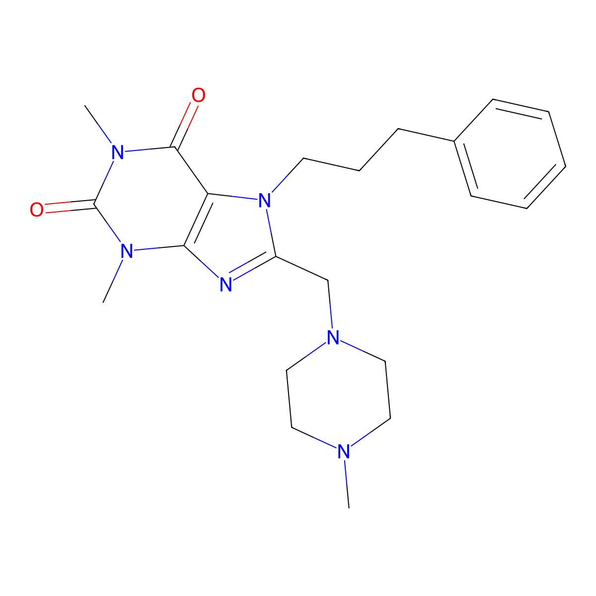 1,3-Dimethyl-8-(4-methyl-piperazin-1-ylmethyl)-7-(3-phenyl-propyl)-3,7-dihydro-purine-2,6-dione molecular structure, CAS 577960-29-3
