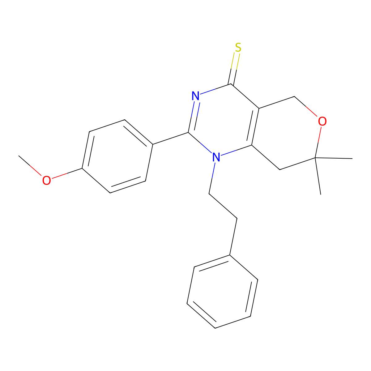 2-(4-methoxyphenyl)-7,7-dimethyl-1-(2-phenylethyl)-1,5,7,8-tetrahydro-4H-pyrano[4,3-d]pyrimidine-4-thione molecular structure, CAS 577960-57-7