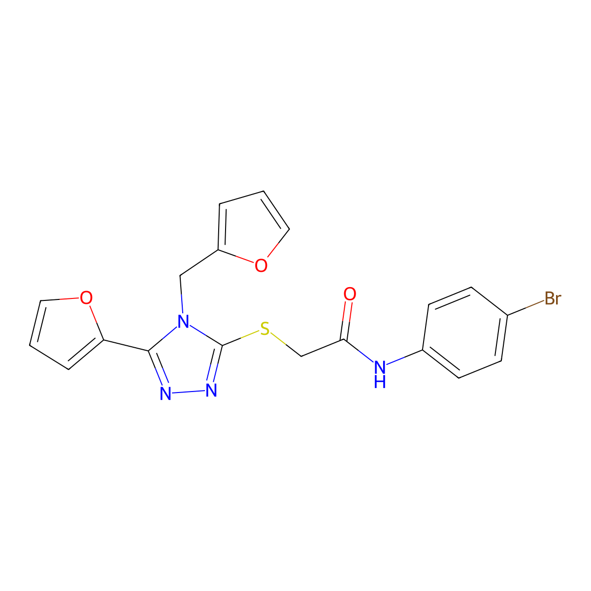 N-(4-bromophenyl)-2-{[5-(furan-2-yl)-4-(furan-2-ylmethyl)-4H-1,2,4-triazol-3-yl]sulfanyl}acetamide molecular structure, CAS 577960-66-8