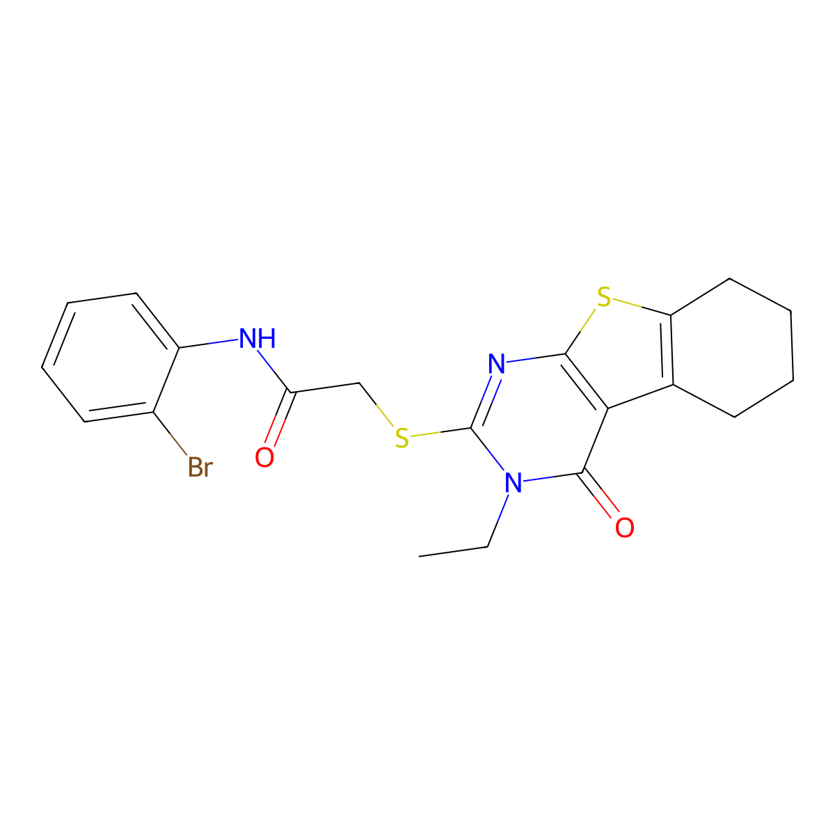 N-(2-Bromophenyl)-2-((3-ethyl-4-oxo-3,4,5,6,7,8-hexahydro(1)benzothieno(2,3-D)pyrimidin-2-YL)sulfanyl)acetamide molecular structure, CAS 577960-68-0