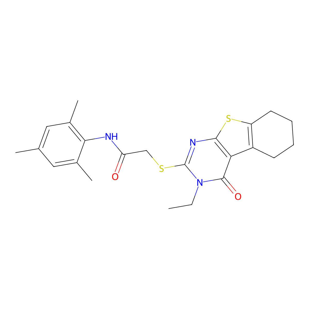 2-((3-Ethyl-4-oxo-3,4,5,6,7,8-hexahydro(1)benzothieno(2,3-D)pyrimidin-2-YL)sulfanyl)-N-mesitylacetamide molecular structure, CAS 577960-87-3