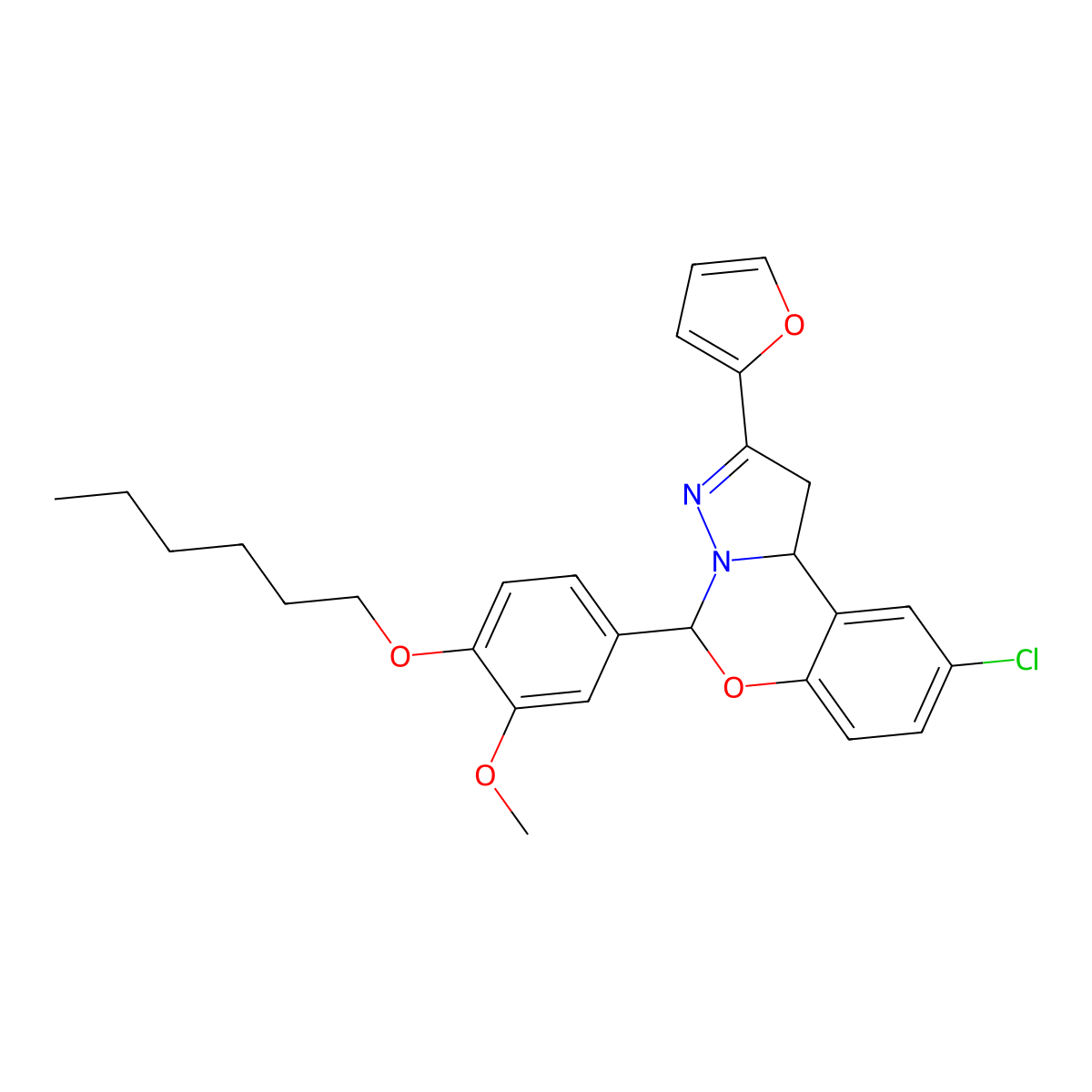 9-Chloro-2-(furan-2-yl)-5-[4-(hexyloxy)-3-methoxyphenyl]-1,10b-dihydropyrazolo[1,5-c][1,3]benzoxazine molecular structure, CAS 577961-00-3