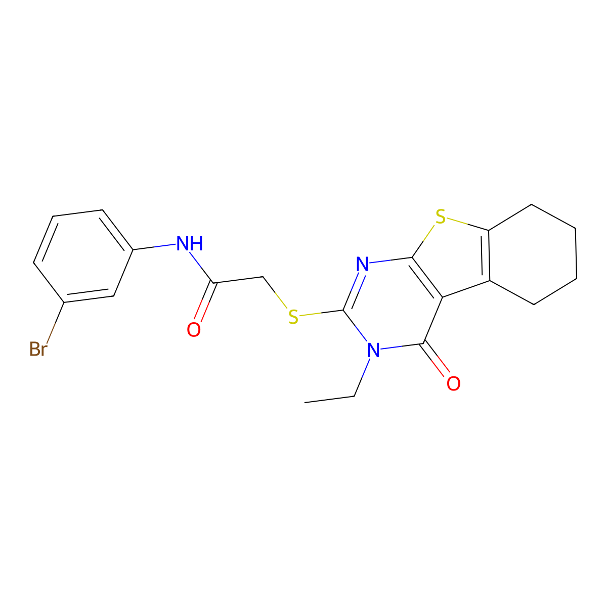 N-(3-bromophenyl)-2-(3-ethyl-4-oxo(3,5,6,7,8-pentahydrobenzo[b]thiopheno[2,3-d]pyrimidin-2-ylthio))acetamide molecular structure, CAS 577961-26-3