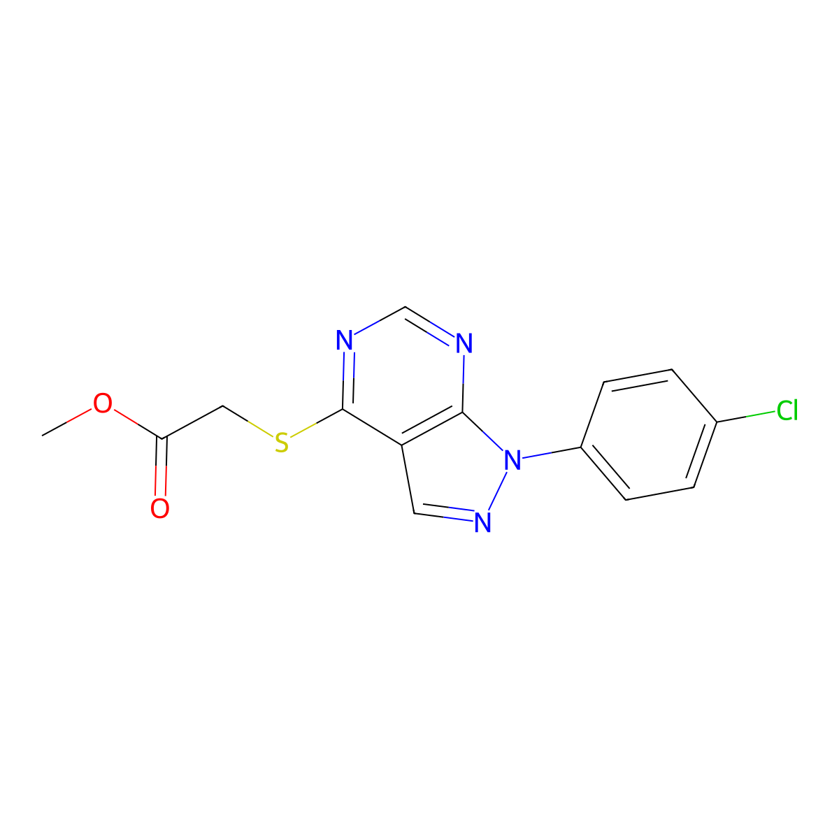 Methyl 2-[1-(4-chlorophenyl)pyrazolo[3,4-d]pyrimidin-4-yl]sulfanylacetate molecular structure, CAS 577961-75-2