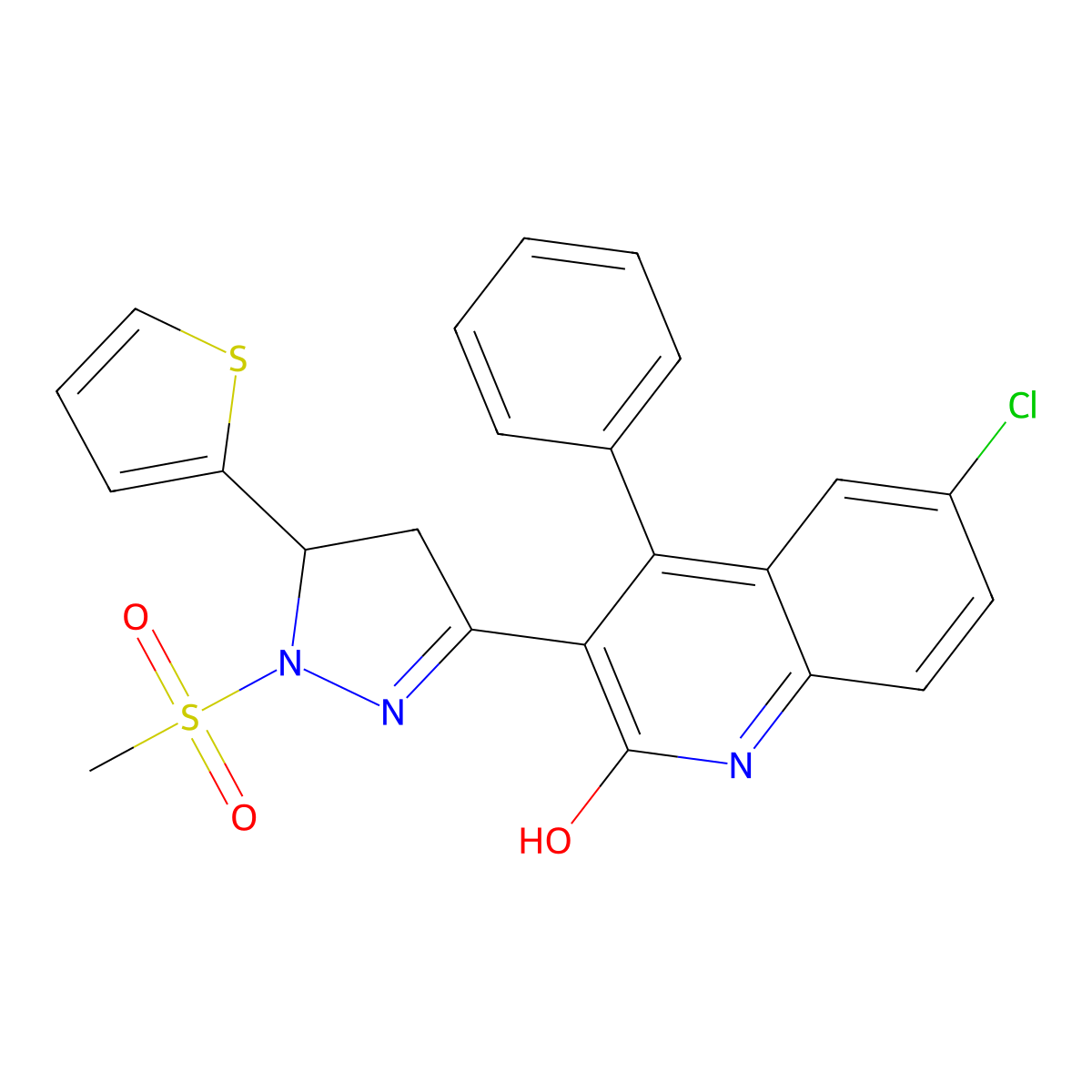 6-chloro-3-(1-(methylsulfonyl)-5-(thiophen-2-yl)-4,5-dihydro-1H-pyrazol-3-yl)-4-phenylquinolin-2(1H)-one molecular structure, CAS 577962-09-5
