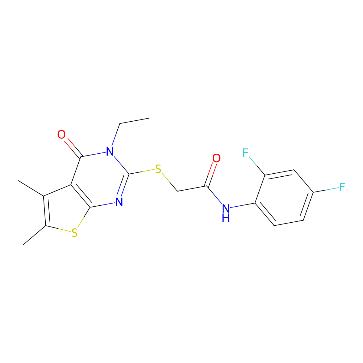 N-(2,4-Difluorophenyl)-2-[(3-ethyl-5,6-dimethyl-4-oxo-3,4-dihydrothieno[2,3-D]pyrimidin-2-YL)sulfanyl]acetamide molecular structure, CAS 577962-34-6