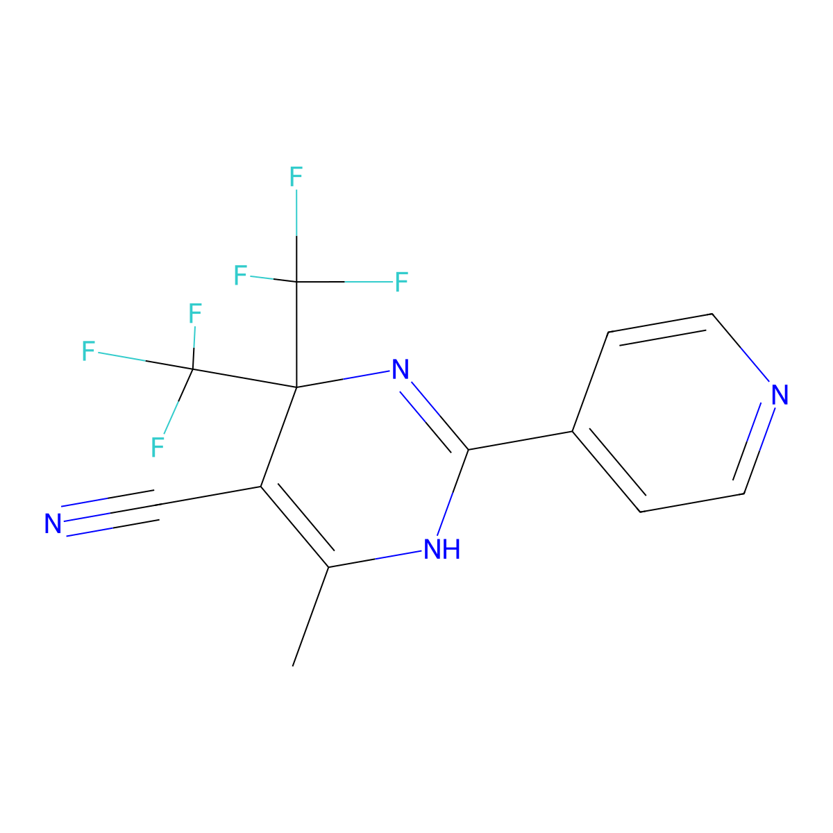6-methyl-2-pyridin-4-yl-4,4-bis(trifluoromethyl)-1H-pyrimidine-5-carbonitrile molecular structure, CAS 577962-56-2