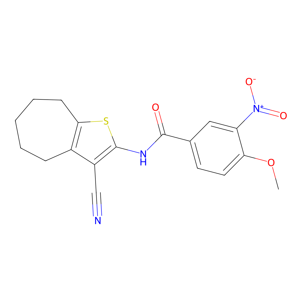 N-(3-cyano-5,6,7,8-tetrahydro-4H-cyclohepta[b]thiophen-2-yl)-4-methoxy-3-nitrobenzamide molecular structure, CAS 577962-83-5