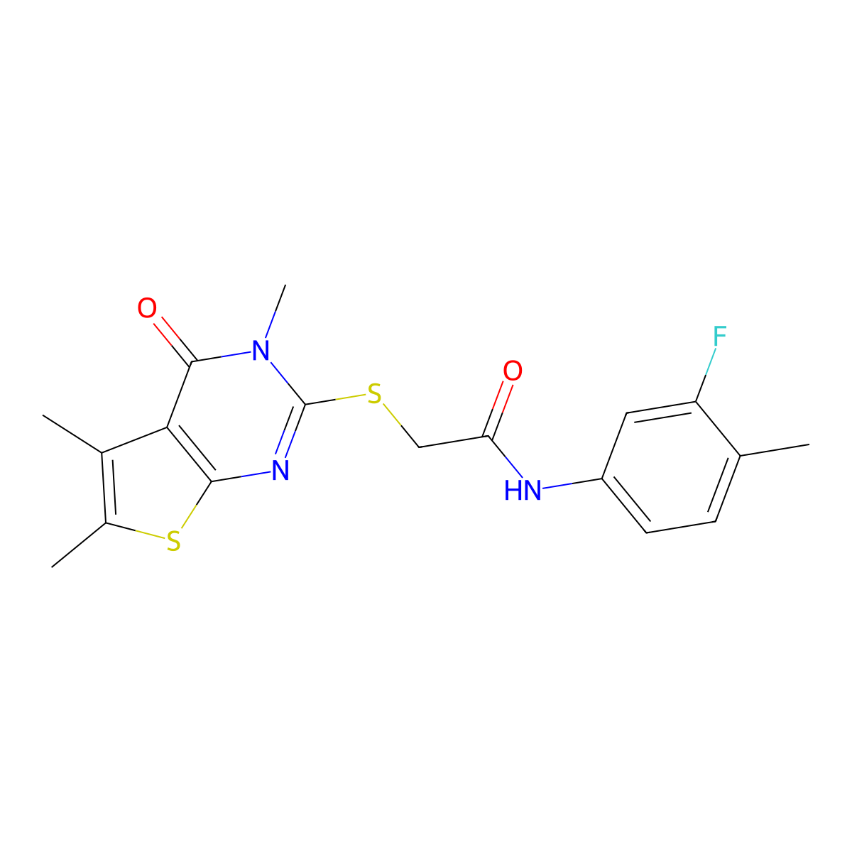 N-(3-fluoro-4-methylphenyl)-2-[(3,5,6-trimethyl-4-oxo-3,4-dihydrothieno[2,3-d]pyrimidin-2-yl)sulfanyl]acetamide molecular structure, CAS 577962-93-7