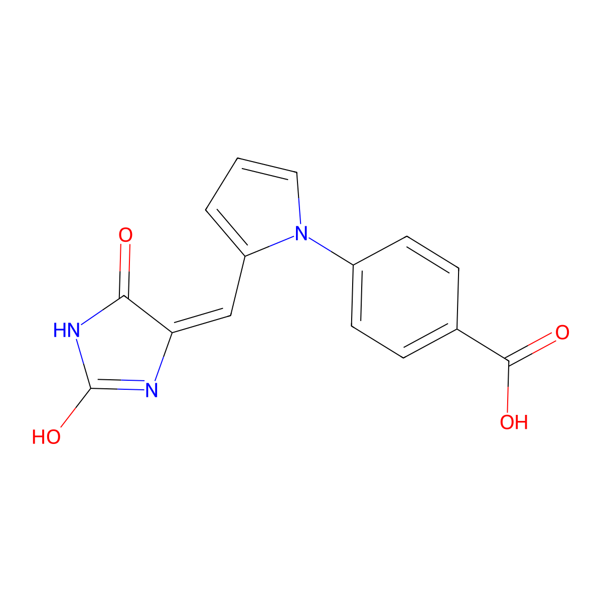 Benzoic acid, 4-[2-[(2,5-dioxo-4-imidazolidinylidene)methyl]-1H-pyrrol-1-yl]- molecular structure, CAS 577962-95-9