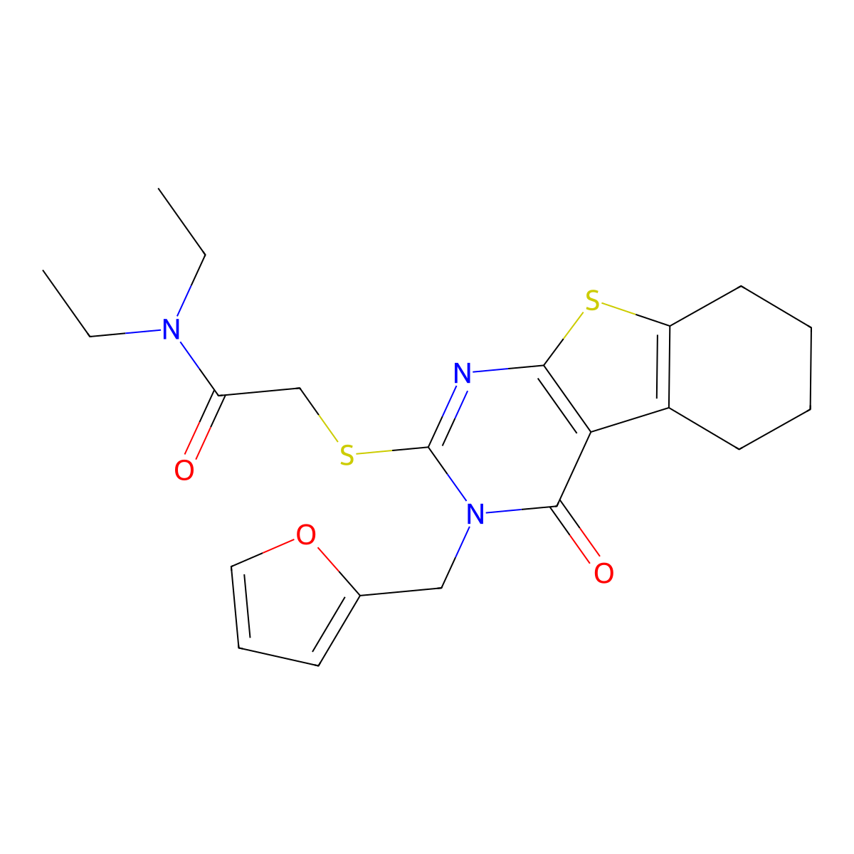 N,N-diethyl-2-{[3-(furan-2-ylmethyl)-4-oxo-3,4,5,6,7,8-hexahydro[1]benzothieno[2,3-d]pyrimidin-2-yl]sulfanyl}acetamide molecular structure, CAS 577963-71-4
