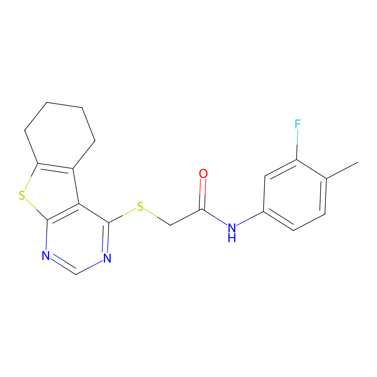 N-(3-fluoro-4-methylphenyl)-2-(5,6,7,8-tetrahydro[1]benzothieno[2,3-d]pyrimidin-4-ylsulfanyl)acetamide molecular structure, CAS 577964-14-8