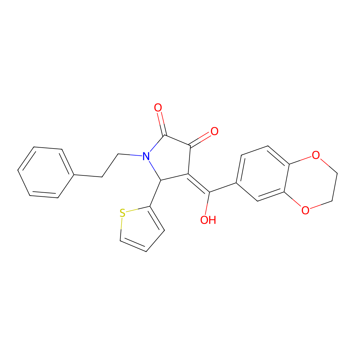 4-(2,3-dihydro-1,4-benzodioxine-6-carbonyl)-3-hydroxy-1-(2-phenylethyl)-5-(thiophen-2-yl)-2,5-dihydro-1H-pyrrol-2-one molecular structure, CAS 577964-19-3