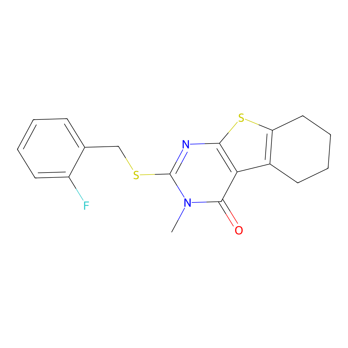 2-[(2-fluorobenzyl)sulfanyl]-3-methyl-5,6,7,8-tetrahydro[1]benzothieno[2,3-d]pyrimidin-4(3H)-one molecular structure, CAS 577980-63-3