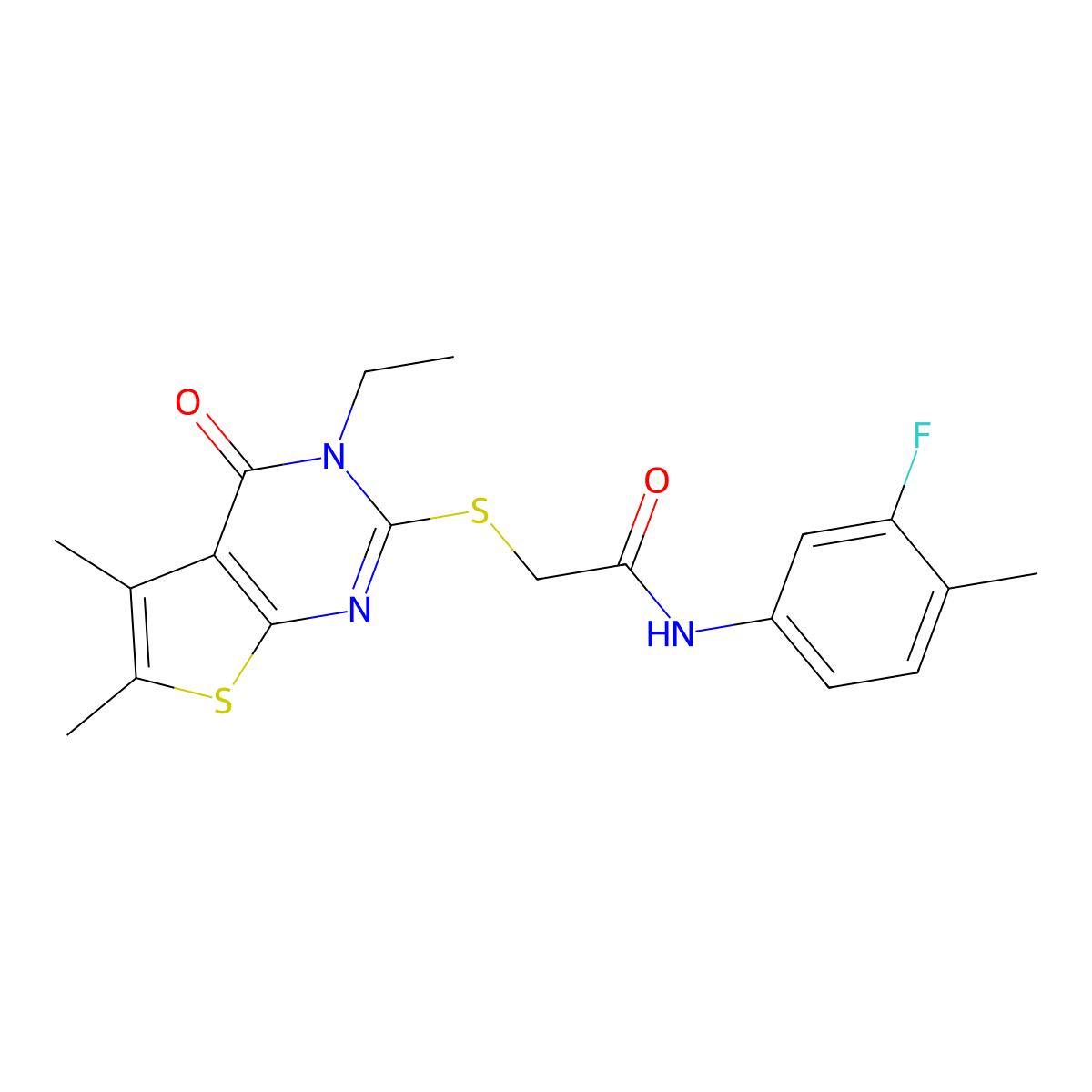 2-[(3-Ethyl-5,6-dimethyl-4-oxo-3,4-dihydrothieno[2,3-D]pyrimidin-2-YL)sulfanyl]-N-(3-fluoro-4-methylphenyl)acetamide molecular structure, CAS 577980-73-5