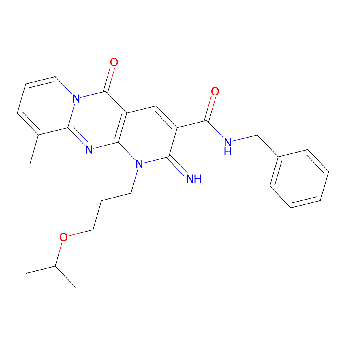 N-benzyl-6-imino-11-methyl-2-oxo-7-[3-(propan-2-yloxy)propyl]-1,7,9-triazatricyclo[8.4.0.0^{3,8}]tetradeca-3(8),4,9,11,13-pentaene-5-carboxamide molecular structure, CAS 577980-78-0