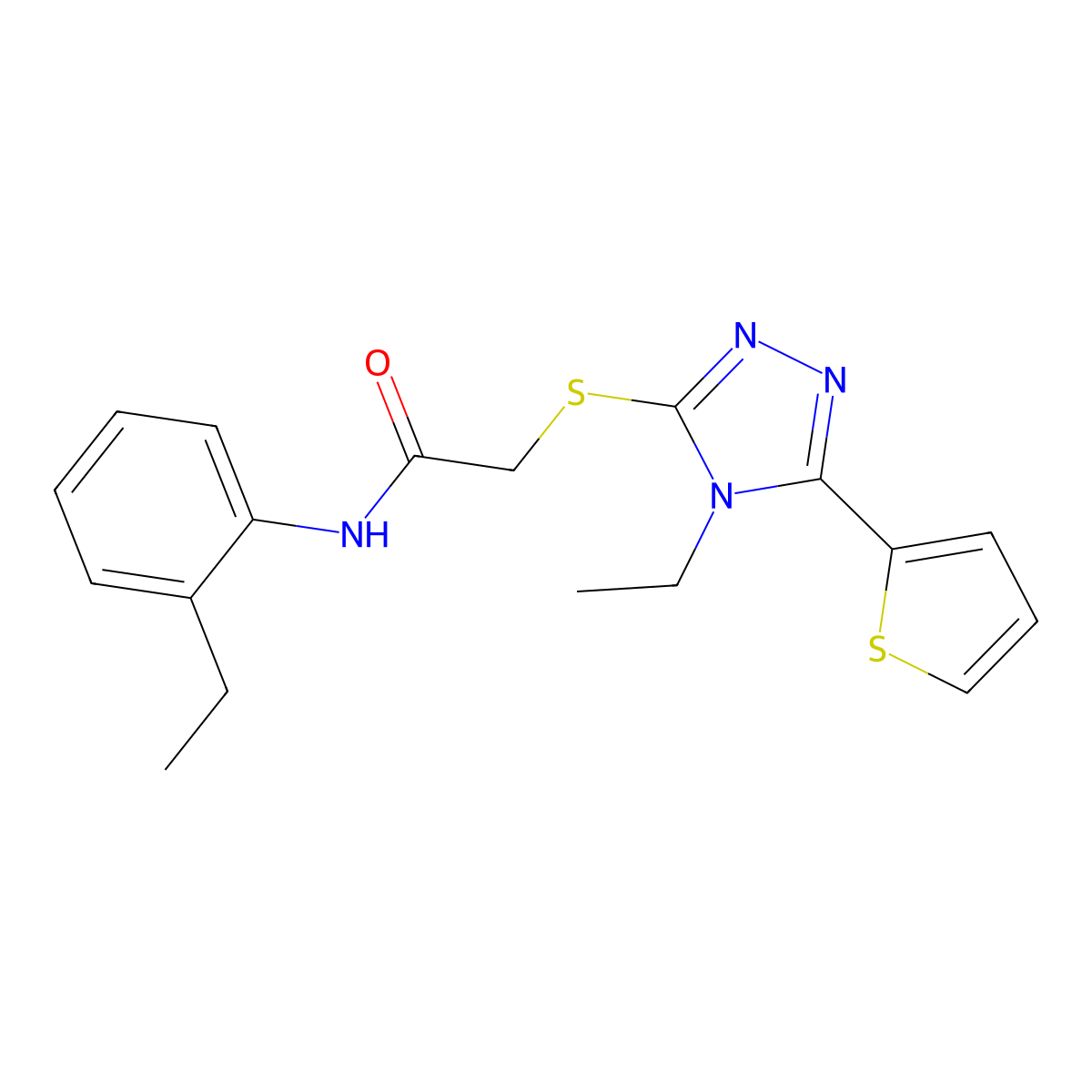 N-(2-Ethylphenyl)-2-((4-ethyl-5-(2-thienyl)-4H-1,2,4-triazol-3-YL)thio)acetamide molecular structure, CAS 577981-30-7