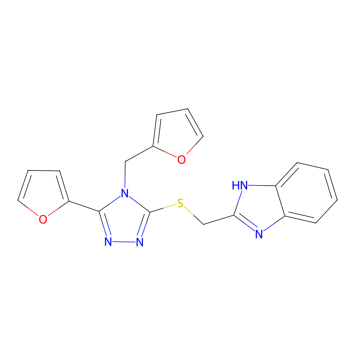2-({[5-(furan-2-yl)-4-(furan-2-ylmethyl)-4H-1,2,4-triazol-3-yl]sulfanyl}methyl)-1H-benzimidazole molecular structure, CAS 577981-49-8