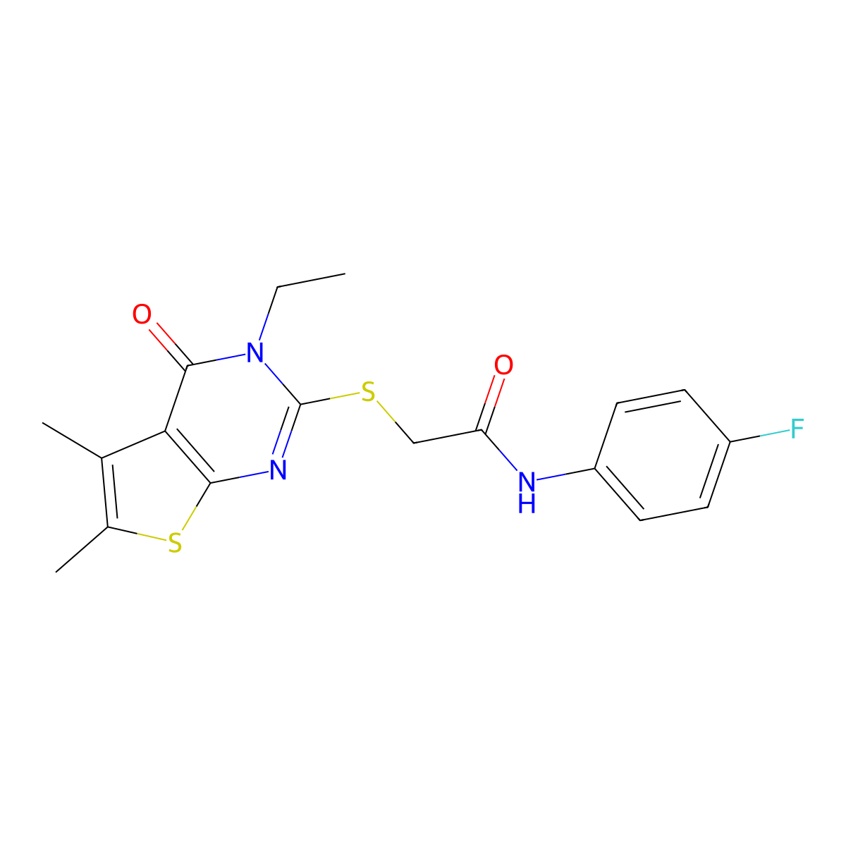 2-((3-Ethyl-5,6-dimethyl-4-oxo-3,4-dihydrothieno(2,3-D)pyrimidin-2-YL)sulfanyl)-N-(4-fluorophenyl)acetamide molecular structure, CAS 577982-05-9