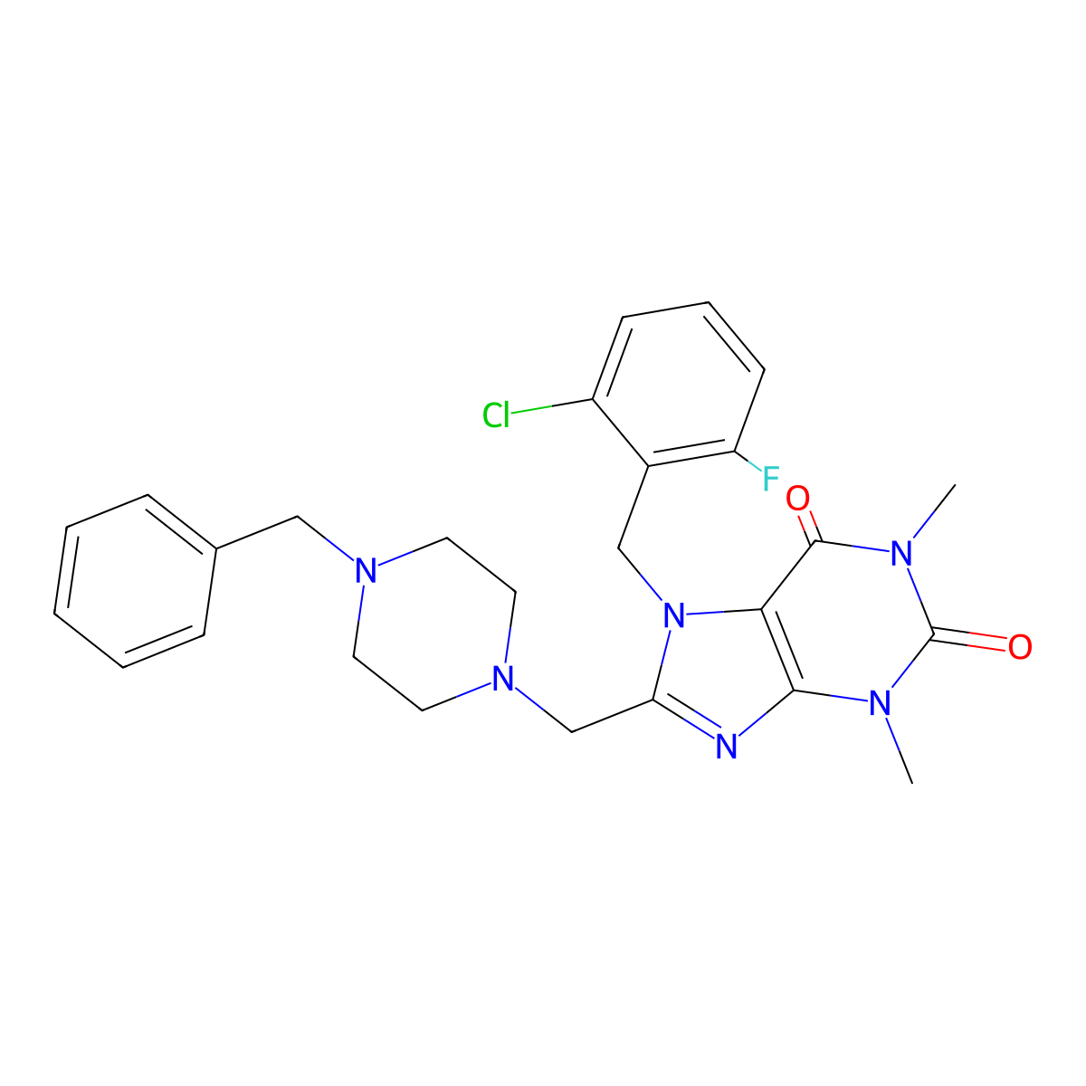 8-[(4-Benzylpiperazin-1-yl)methyl]-7-[(2-chloro-6-fluorophenyl)methyl]-1,3-dimethylpurine-2,6-dione molecular structure, CAS 577982-27-5