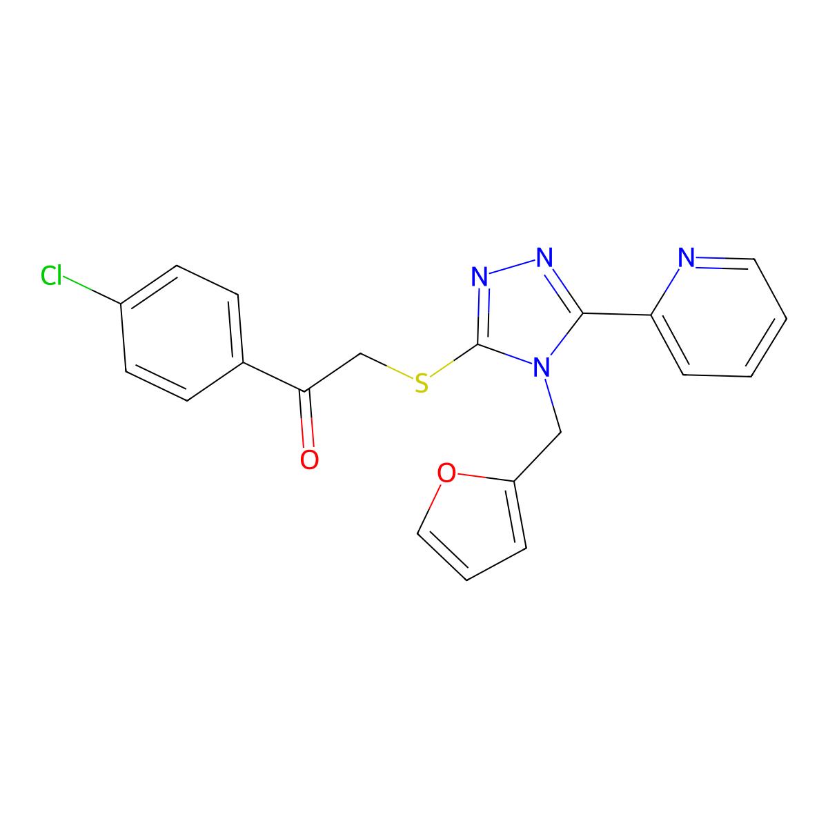 1-(4-Chlorophenyl)-2-[[4-(furan-2-ylmethyl)-5-pyridin-2-yl-1,2,4-triazol-3-yl]sulfanyl]ethanone molecular structure, CAS 577982-98-0