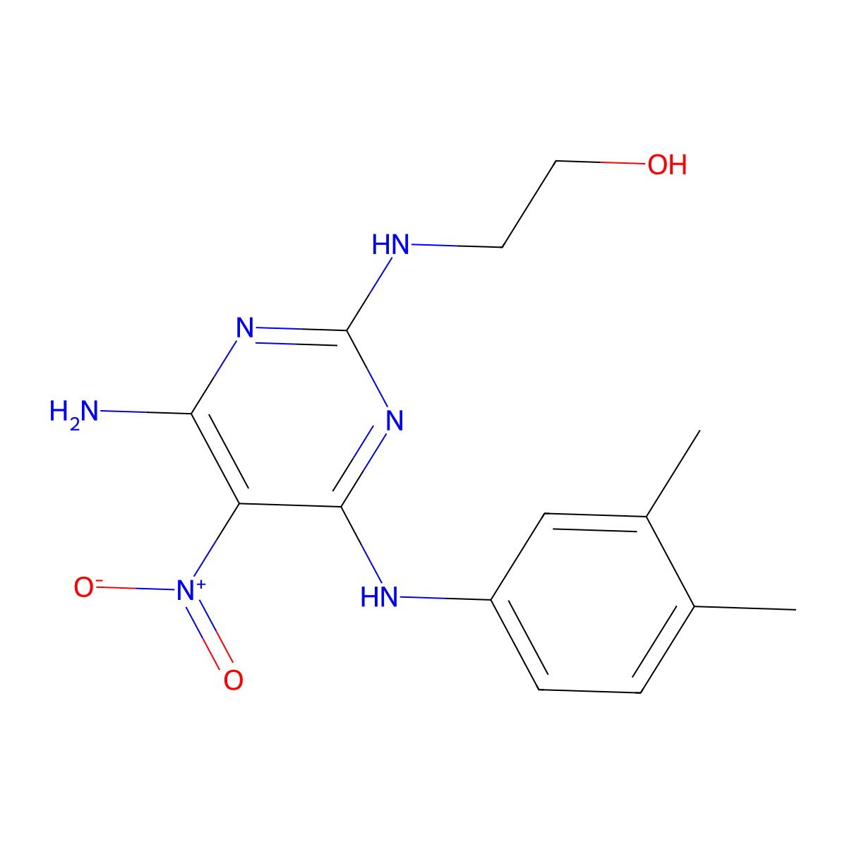 2-((4-Amino-6-((3,4-dimethylphenyl)amino)-5-nitropyrimidin-2-yl)amino)ethanol molecular structure, CAS 577983-78-9