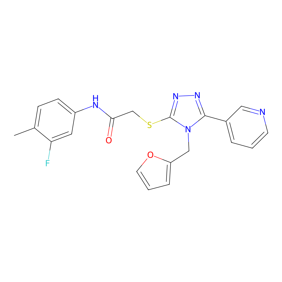 N-(3-fluoro-4-methylphenyl)-2-{[4-(furan-2-ylmethyl)-5-(pyridin-3-yl)-4H-1,2,4-triazol-3-yl]sulfanyl}acetamide molecular structure, CAS 577983-80-3