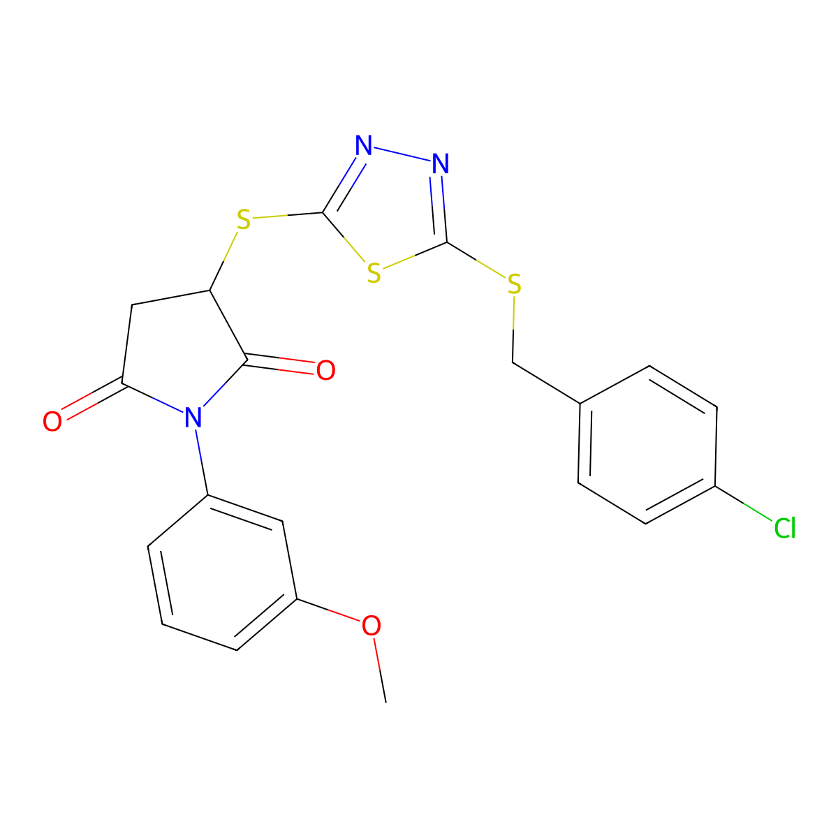 3-[[5-[(4-Chlorophenyl)methylsulfanyl]-1,3,4-thiadiazol-2-yl]sulfanyl]-1-(3-methoxyphenyl)pyrrolidine-2,5-dione molecular structure, CAS 577984-36-2