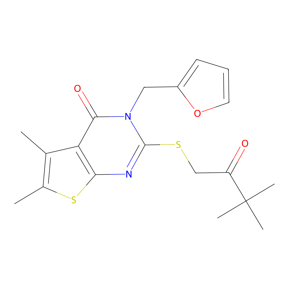 2-(3,3-Dimethyl-2-oxo-butylsulfanyl)-3-furan-2-ylmethyl-5,6-dimethyl-3H-thieno[2,3-d]pyrimidin-4-one molecular structure, CAS 577984-41-9
