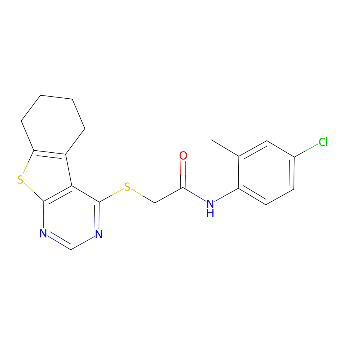 N-(4-chloro-2-methylphenyl)-2-(5,6,7,8-tetrahydro[1]benzothieno[2,3-d]pyrimidin-4-ylsulfanyl)acetamide molecular structure, CAS 577984-62-4