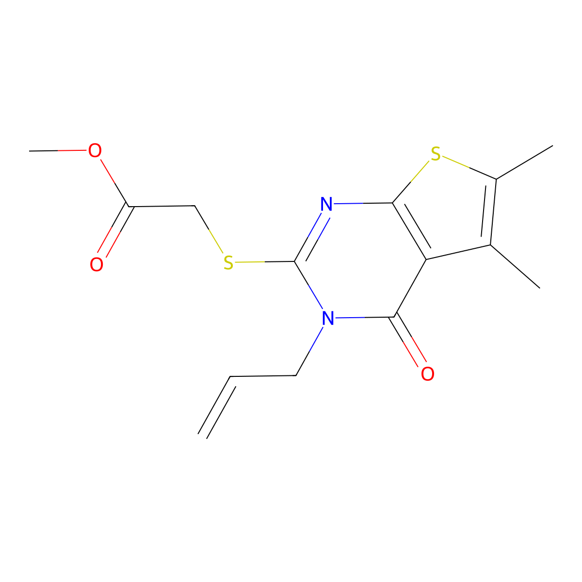Methyl {[5,6-dimethyl-4-oxo-3-(prop-2-en-1-yl)-3,4-dihydrothieno[2,3-d]pyrimidin-2-yl]sulfanyl}acetate molecular structure, CAS 577984-90-8