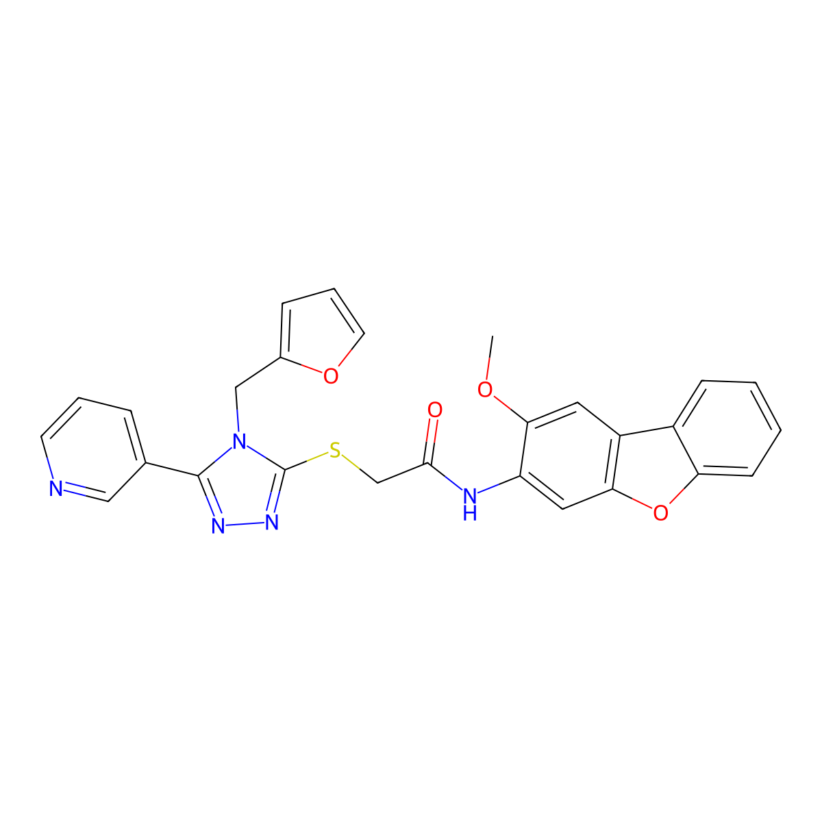 2-[[4-(furan-2-ylmethyl)-5-pyridin-3-yl-1,2,4-triazol-3-yl]sulfanyl]-N-(2-methoxydibenzofuran-3-yl)acetamide molecular structure, CAS 577985-69-4