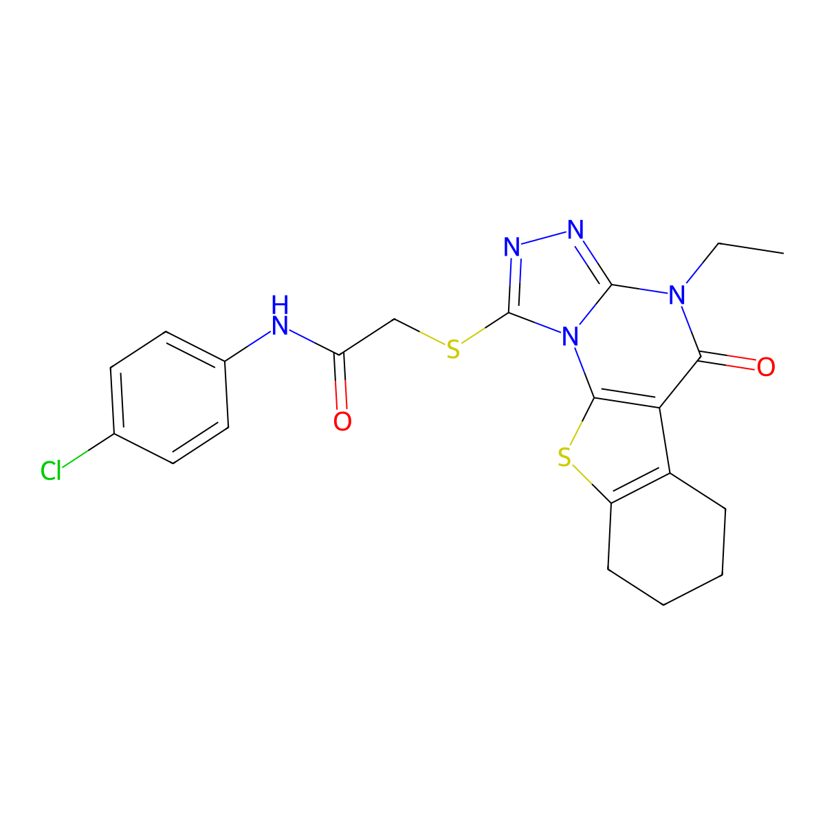 N-(4-chlorophenyl)-2-((4-ethyl-5-oxo-4,5,6,7,8,9-hexahydrobenzo[4,5]thieno[3,2-e][1,2,4]triazolo[4,3-a]pyrimidin-1-yl)thio)acetamide molecular structure, CAS 577985-91-2