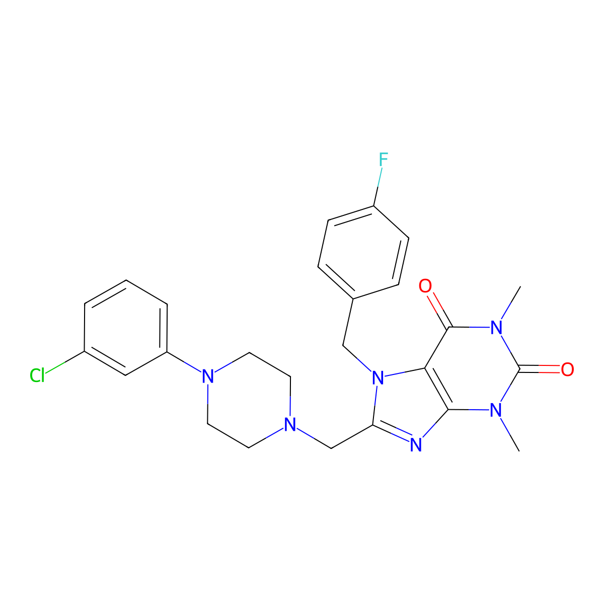 8-[[4-(3-Chlorophenyl)piperazin-1-yl]methyl]-7-[(4-fluorophenyl)methyl]-1,3-dimethylpurine-2,6-dione molecular structure, CAS 577985-99-0